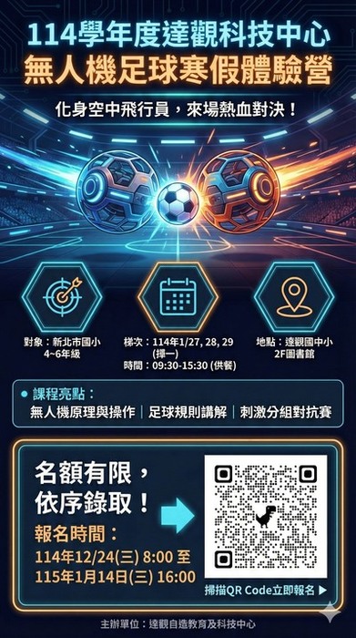 114學年度達觀科技中心無人機足球寒假體驗營。對象：新北市4~6年級；梯次：114年1月27、28、29日(擇一)；時間：9:30~15:30(供餐)；地點：達觀國中小2F書館。課程亮點：無人機原理與操作、足球規則講解、刺激分組對抗賽。報名時間：114年12月24日8:00到115年1月4日16:00圖片